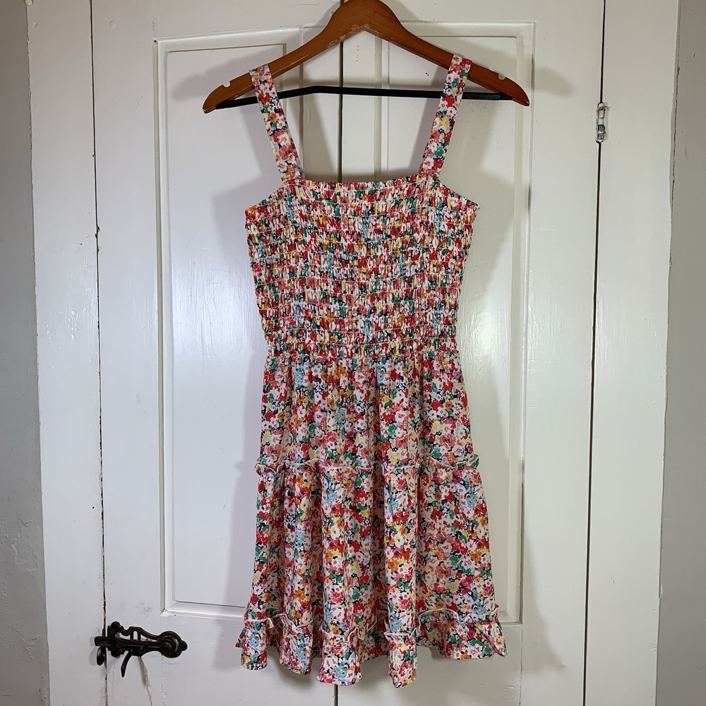 Jessica Simpson Floral Summer Dress Small Stretch Bodice Tiered Skirt Ruffle Hem